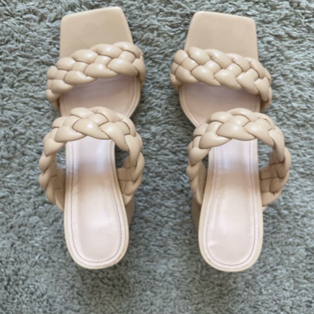 Nude/tan braided sandal heels. Size 8.5